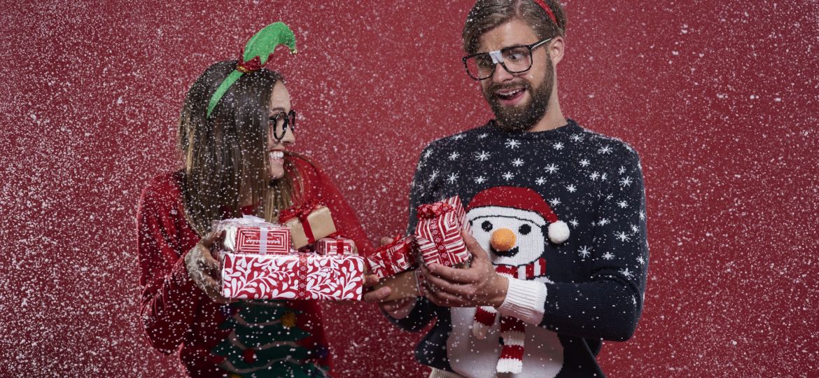 Christmas nerd couple with presents