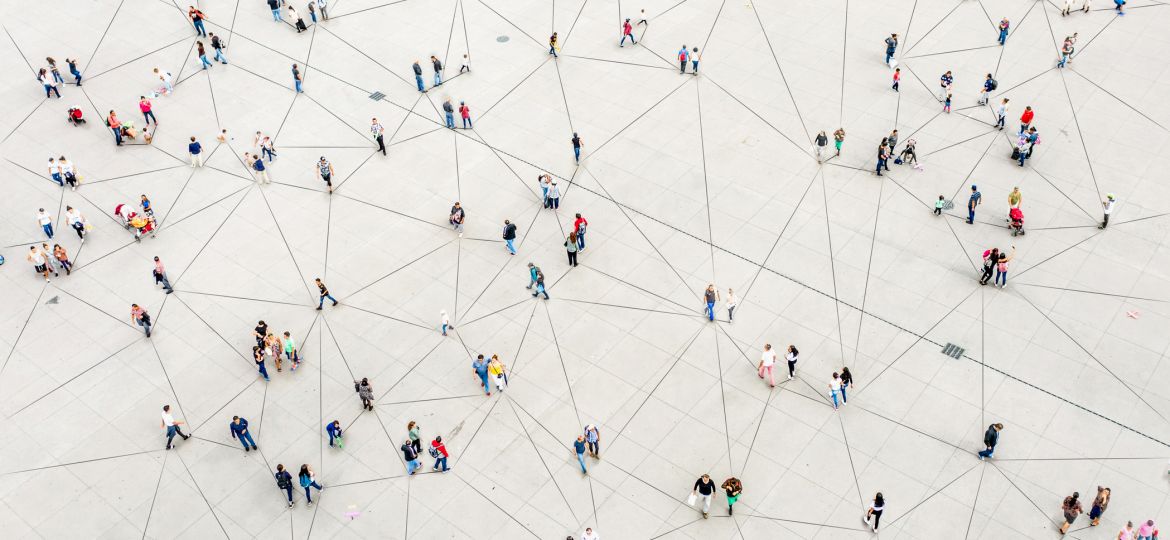 Aerial view of crowd connected by lines